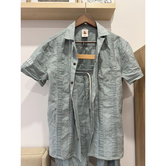Dandy Del Mar Mens XS Green Brisa Cuban Short Sleeve + Pants Linen Embroidered - Picture 3 of 16
